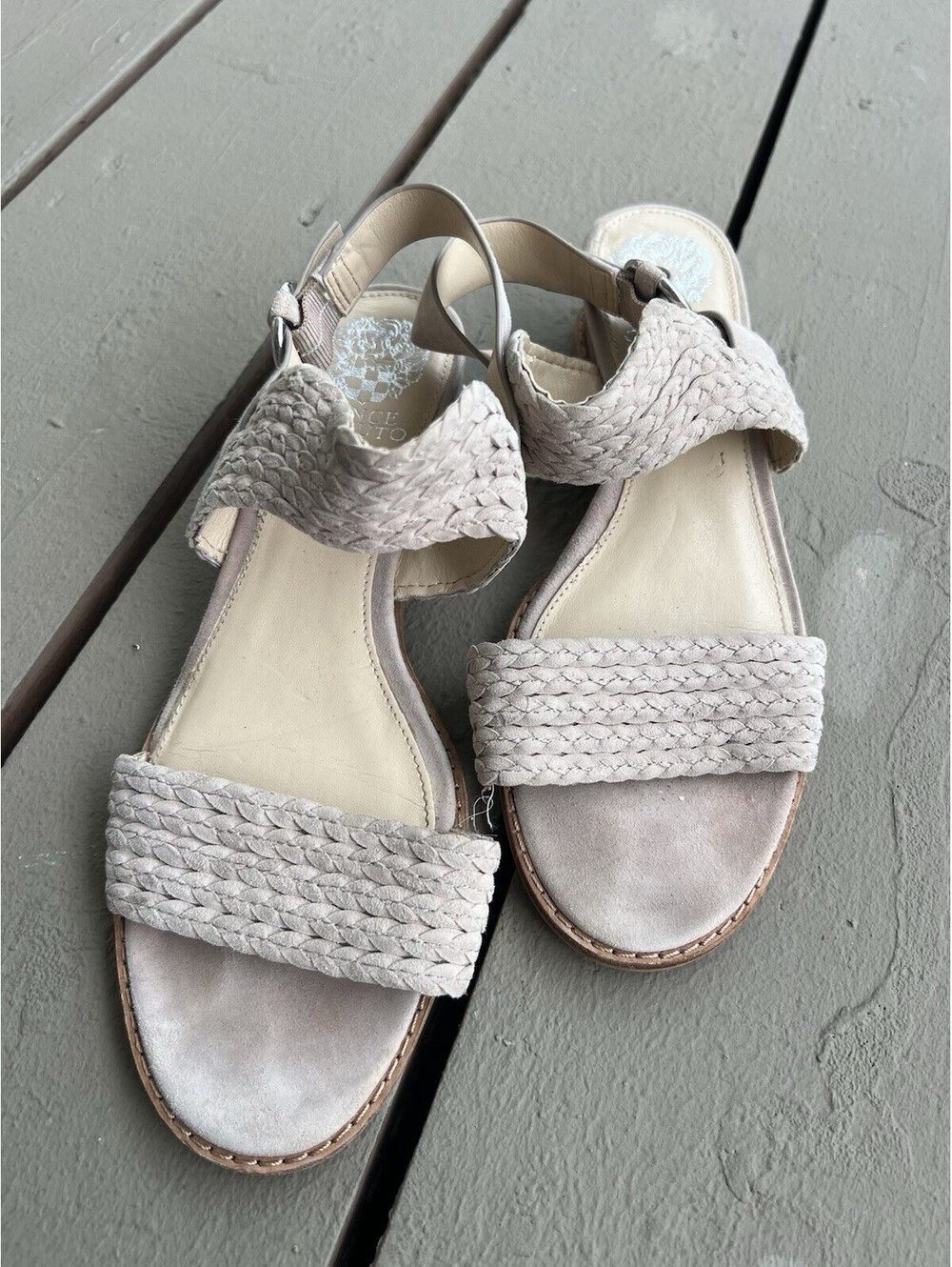 Vince Camuto Woven Strap Soft Suede Sandals Size 8.5M, Taupe Gray
